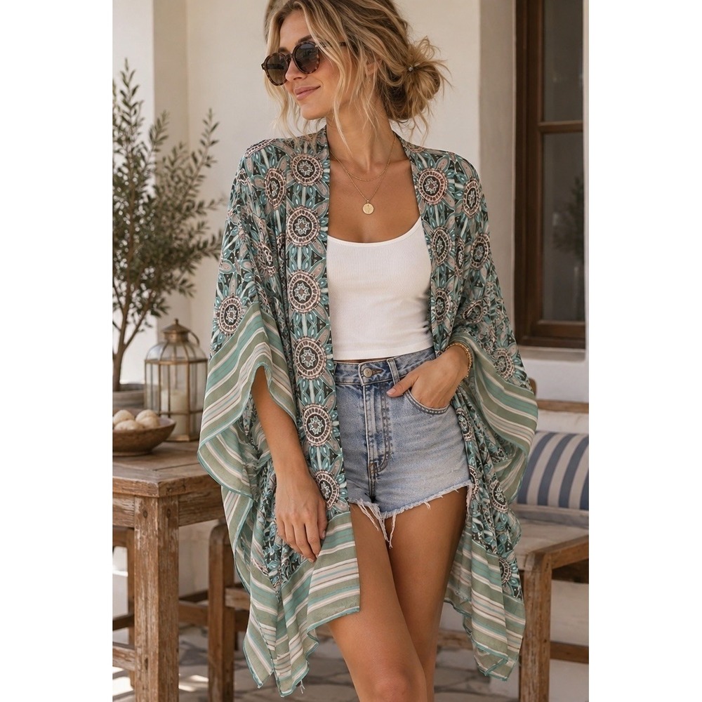 Catherines Boho Medallion Kimono Wrap Womens Size 4X/5X Green Sheer Open Front